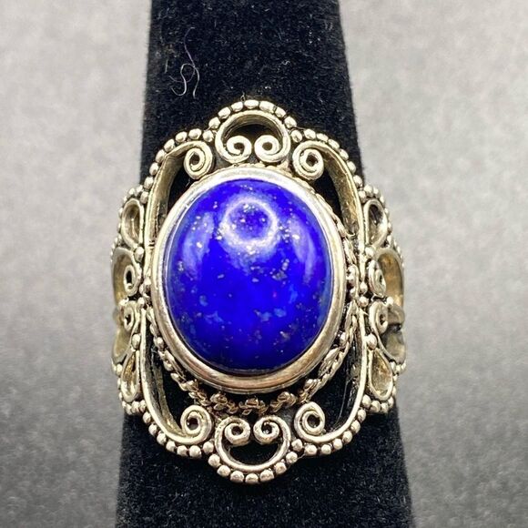 Bali style filigree round boho blue lapis lazuli ring 925 sterling silver - Picture 1 of 10